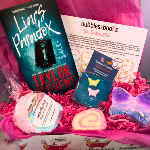 Image featuring Taylor Stevens' Liar's Paradox and bath soaps from Bubbles and Books